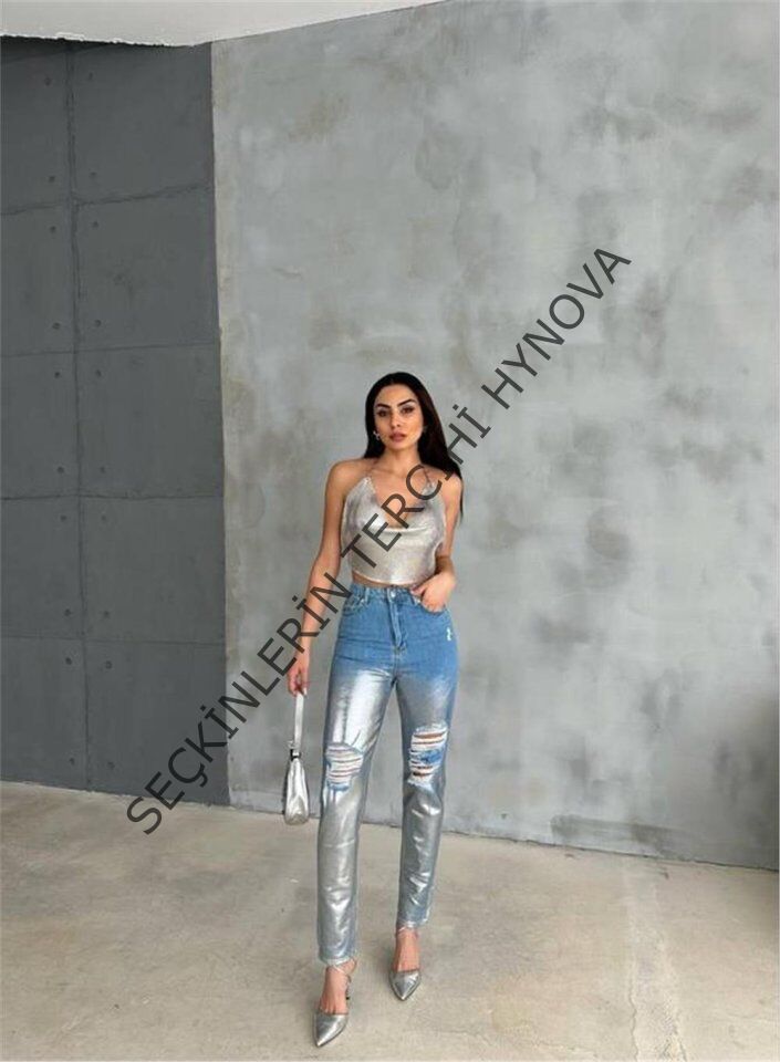 DİZ YIRTIK VARAKLI MOM KOT PANTOLON - Gümüş