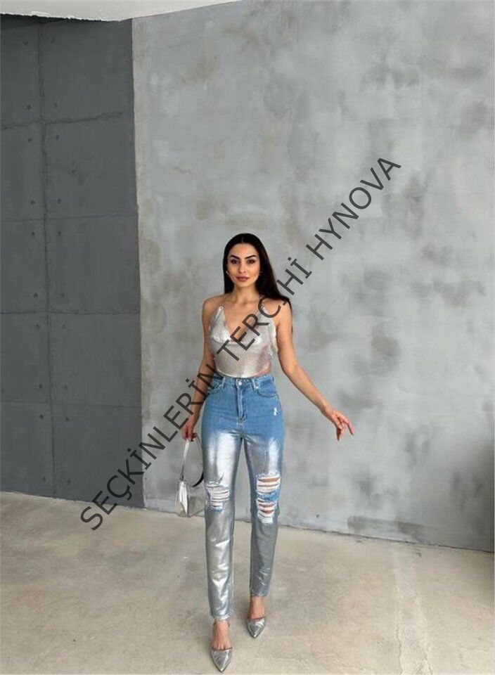 DİZ YIRTIK VARAKLI MOM KOT PANTOLON - Gümüş