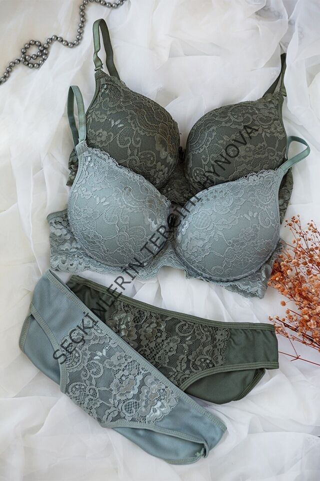 Kadın Haki Ve Su Yeşili Dolgulu Balenli Sütyen Külot 2'li Paket – Modern ve Şık Tasarım