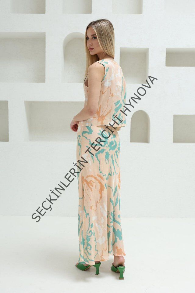 Bağcıklı Bluzlu Etek Takım - Pudra