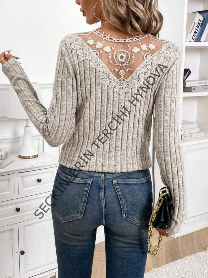 Kadın Uzun Kollu V Yakalı Arkadan Dantel Detaylı şardonlu Kaşkorse Bluz