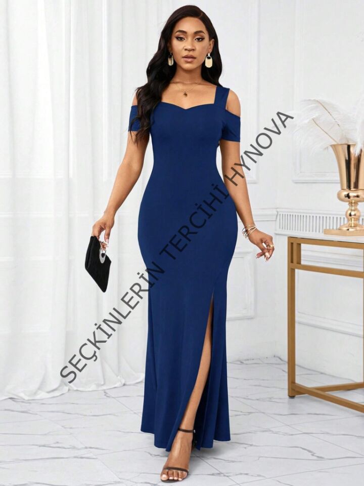 Kadın Omuzlardan Açık Askılı Yırtmaç Detaylı Uzun Ithal Krep Elbise