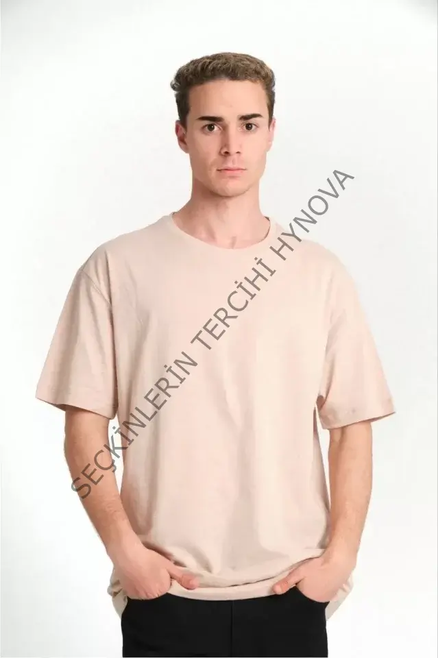 Unisex Düz Biskilet Yaka Oversize T-shirt - Bej