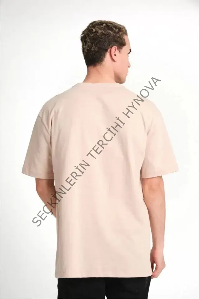 Unisex Düz Biskilet Yaka Oversize T-shirt - Bej