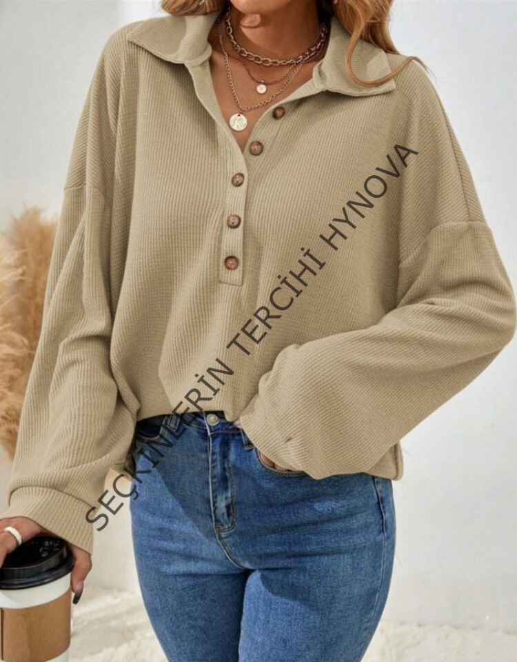 Kadın Uzun Kollu Yakalı Düğmeli Salaş Waffle Bluz