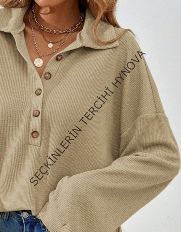 Kadın Uzun Kollu Yakalı Düğmeli Salaş Waffle Bluz