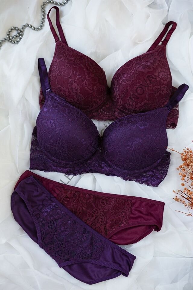 Kadın Bordo Ve Mor Dolgulu Balenli Sütyen Külot 2'li Paket – Modern ve Şık Tasarım