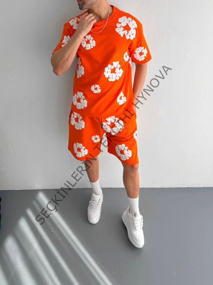 İki İplik Kumaş Baskılı T-shirt Şortlu Takım- Turuncu
