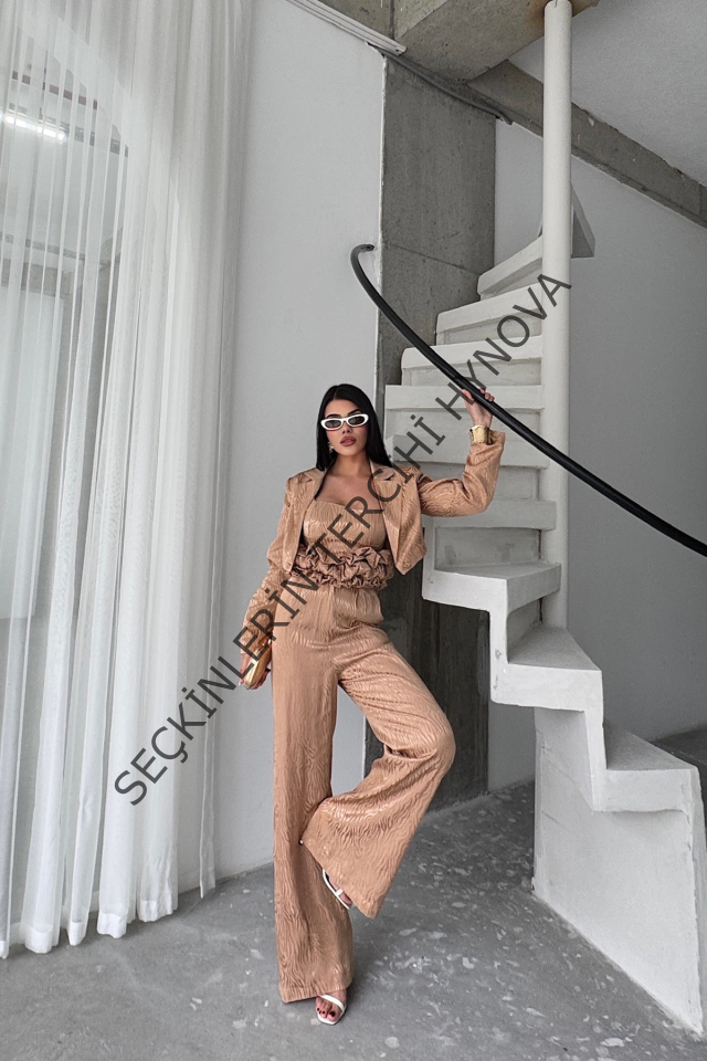 JAKARLI BLUZU TASARIM DETAYLI CEKET PANTOLON VE BLUZ 3 LÜ TAKIM