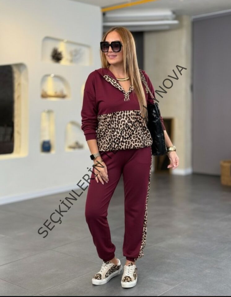 Kadın Uzun Kollu Kapşonlu Leopar Desen Detaylı Viskon Iki Iplik Bluz Ve Pantolon Ikili Takım