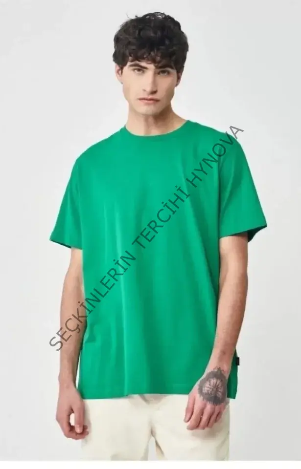 Unisex Düz Biskilet Yaka Oversize T-shirt - Yeşil