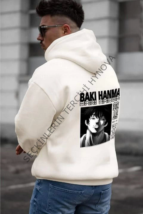 Erkek Baskılı Kapüşonlu Ve Kordon İpli Sweat - Beyaz