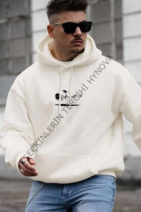 Erkek Baskılı Kapüşonlu Ve Kordon İpli Sweat - Beyaz