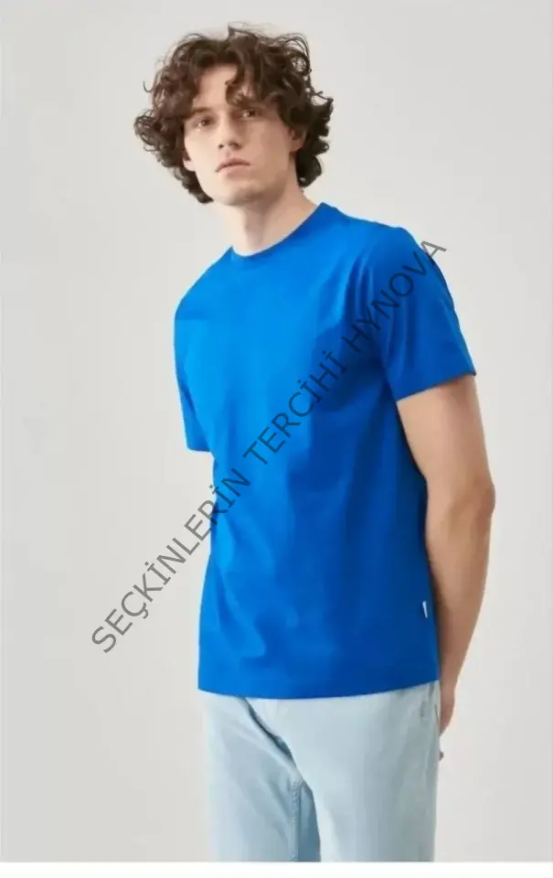 Unisex Düz Biskilet Yaka Oversize T-shirt - Mavi