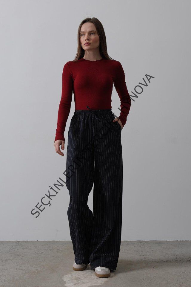 Beli Lastikli Bol Paça Pantolon - Lacivert-Beyaz