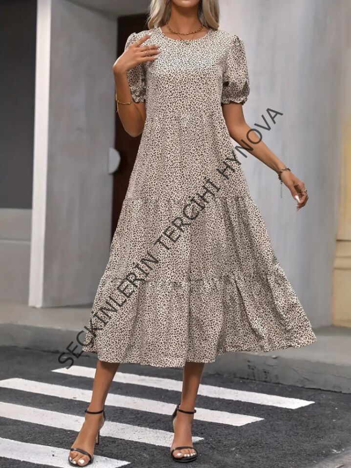 Kadın Mini Leopar Desen Midi üç Kat Elbise