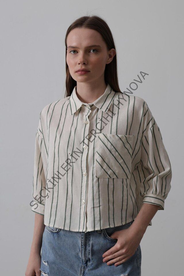 Çizgili Kısa Gömlek - Bej-Yeşil