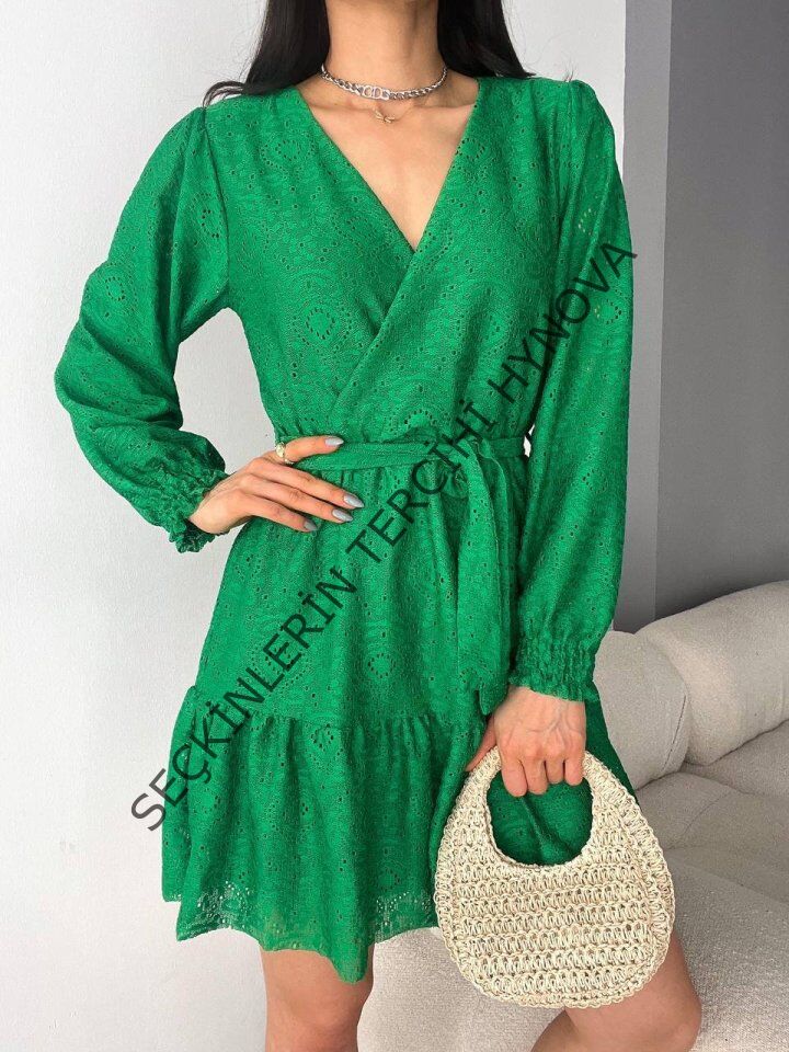 Kadın Fırsat ürünü Kruvaze Yaka Güpürlü Mini Elbise