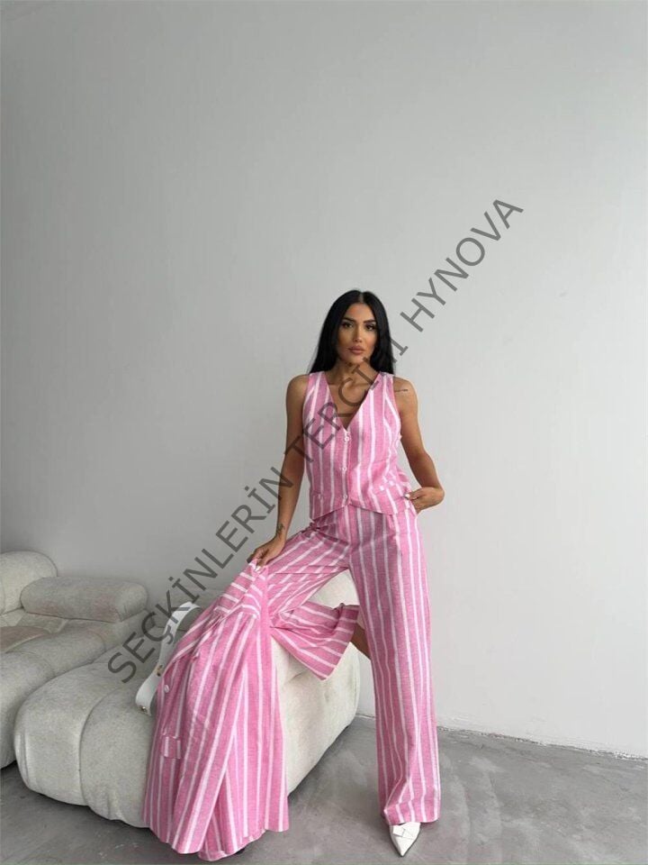 ÇİZGİLİ KETEN YELEK-PANTOLON TAKIM - Pembe