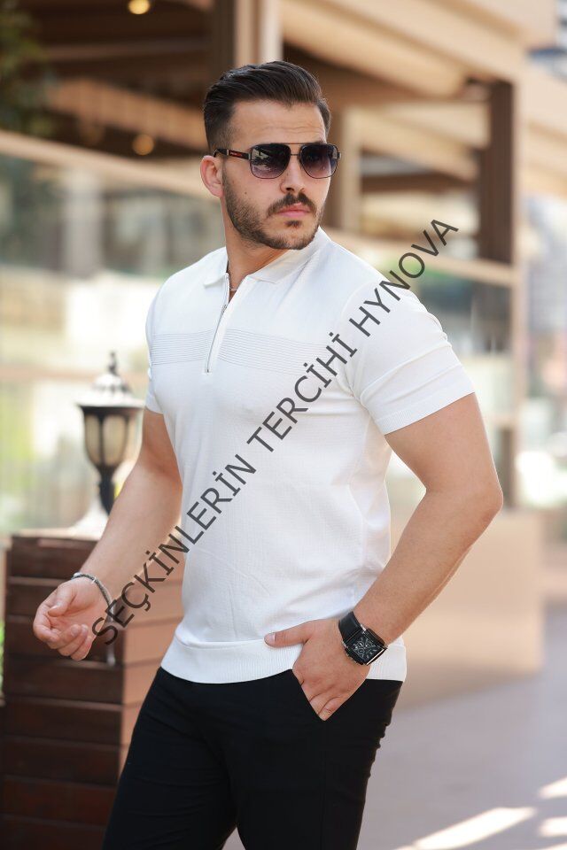Erkek Göğüs Pirinç Desenli Fermuar Yakalı Kısa Kollu Tişört