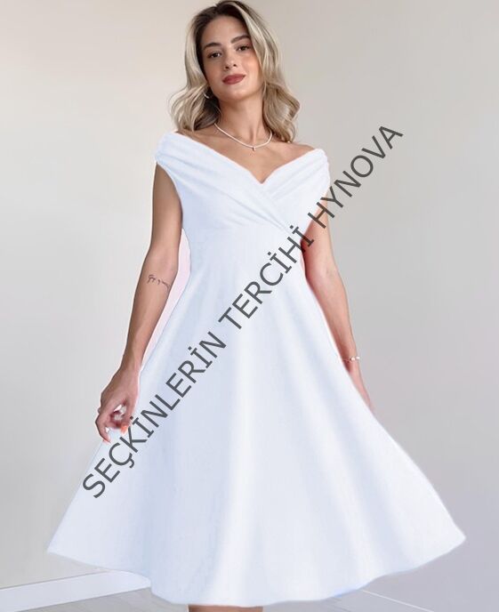 Kadın Kısa Kollu Kruvaze Yaka Eteği Volanlı Krep Elbise