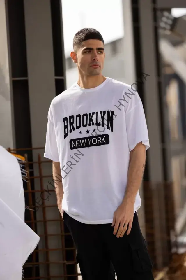 Unisex Bisiklet Yaka Baskılı Oversize T-Shirt - Beyaz