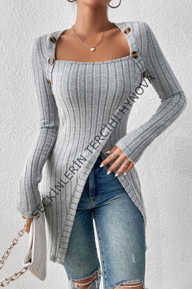 Kadın Gri Düğme Detaylı Kare Yaka Fitilli Asimetrik Etekli Uzun Kollu Bluz