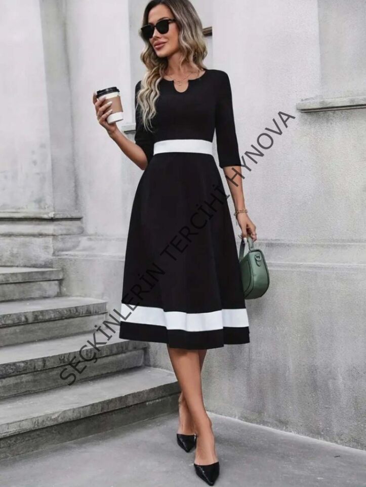 Kadın Truvakar Kol V Yakalı Janjan Krep Midi Elbise