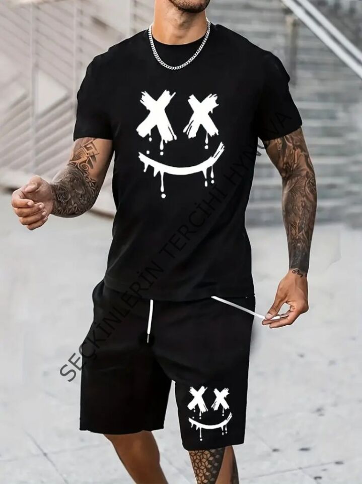 Erkek Kısa Kollu Bisiklet Yaka Baskılı Tişört Ipli Short Iki Iplik Takım