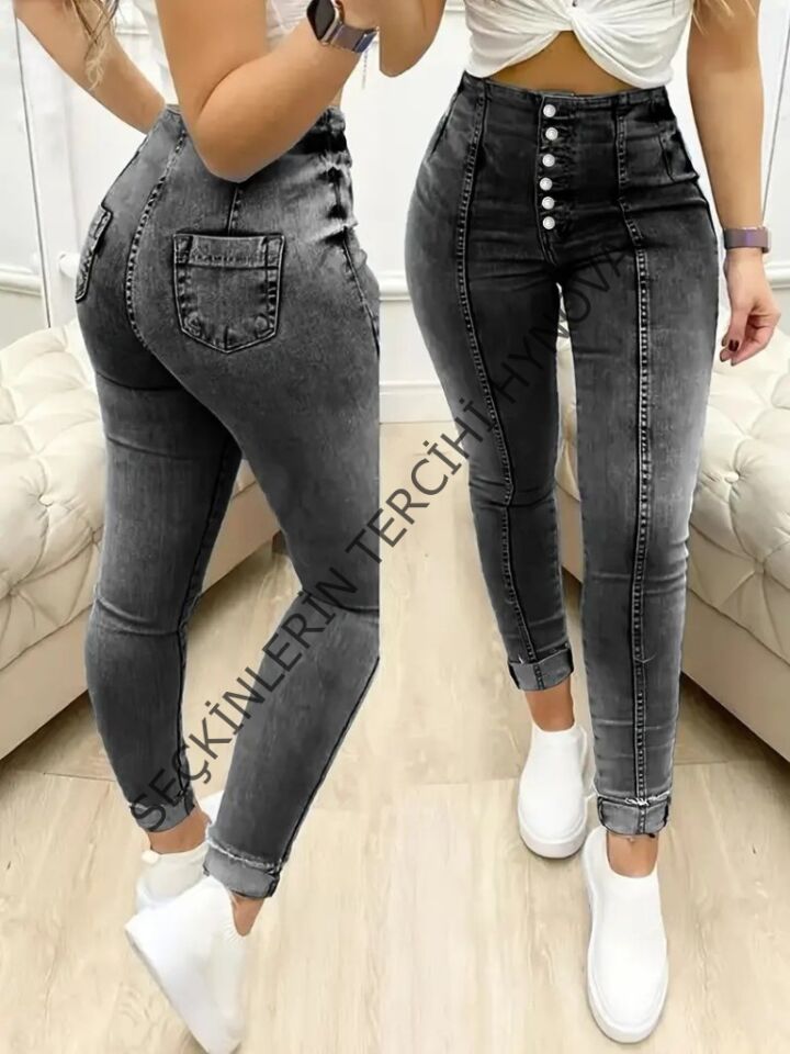 Kadın Yüksek Bel önden Düğmeli Jean Pantolon