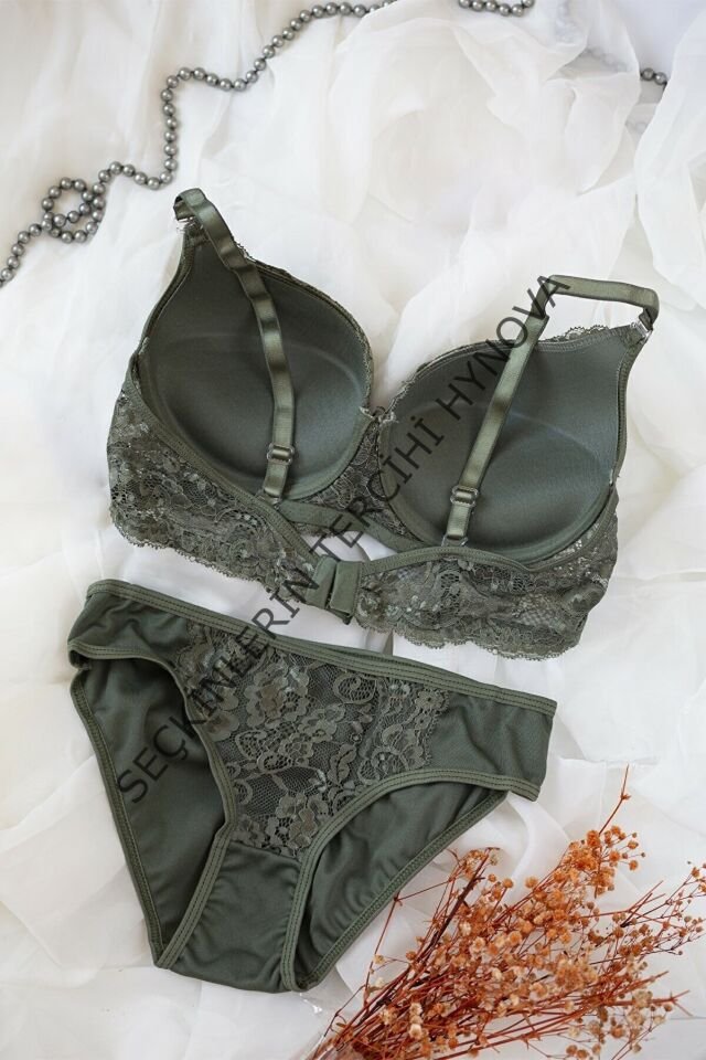 Kadın Haki Yeşili Dolgulu Dantel Sütyen Ve Külot Takım – Modern, Konforlu ve Günlük Kombinlere Uygun