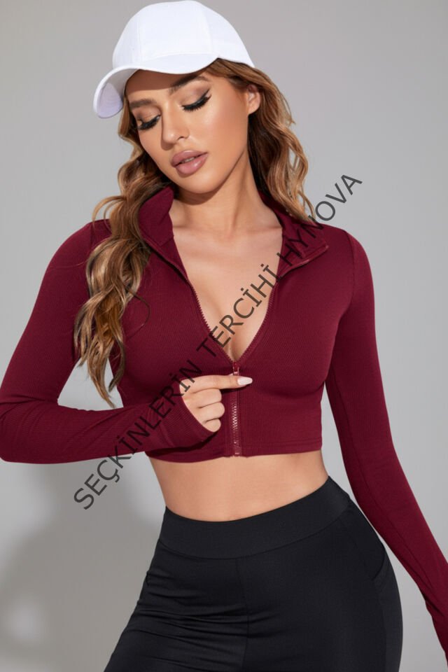 Kadın Bordo Uzun Kol Fermuarlı Parmak Geçme Detaylı Dik Yaka Crop Top Bluz
