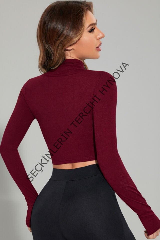 Kadın Bordo Uzun Kol Fermuarlı Parmak Geçme Detaylı Dik Yaka Crop Top Bluz