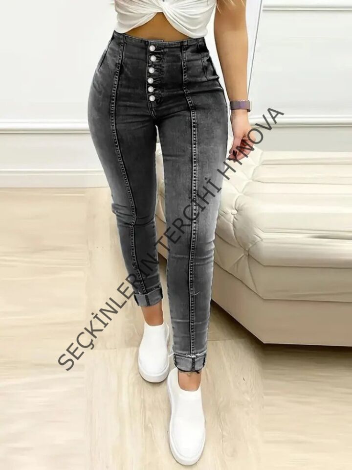 Kadın Yüksek Bel önden Düğmeli Jean Pantolon