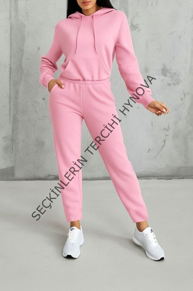 Kadın Uzun Kollu Kapşonlu Bağcıklı üç Iplik Bluz Ve Pantolon Ikili Takım