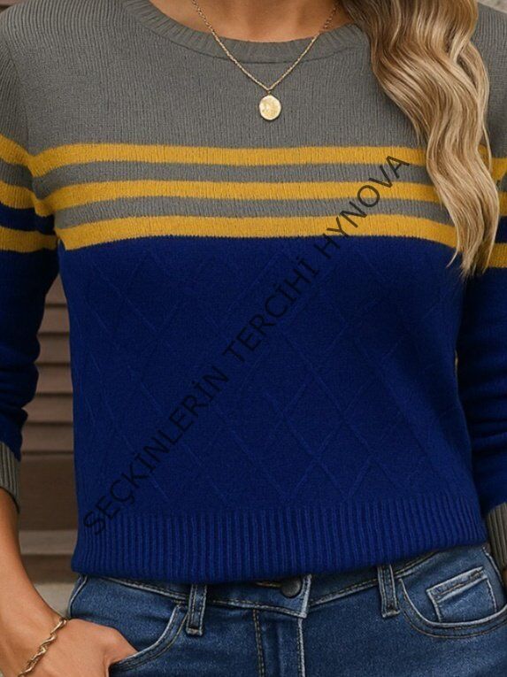 Kadın Uzun Kollu Bisiklet Yaka çok Renkli Triko Bluz