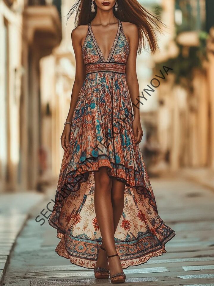 Kadın Askılı Derin Göğüs Detaylı Asimetrik Detaylı Süprem Elbise