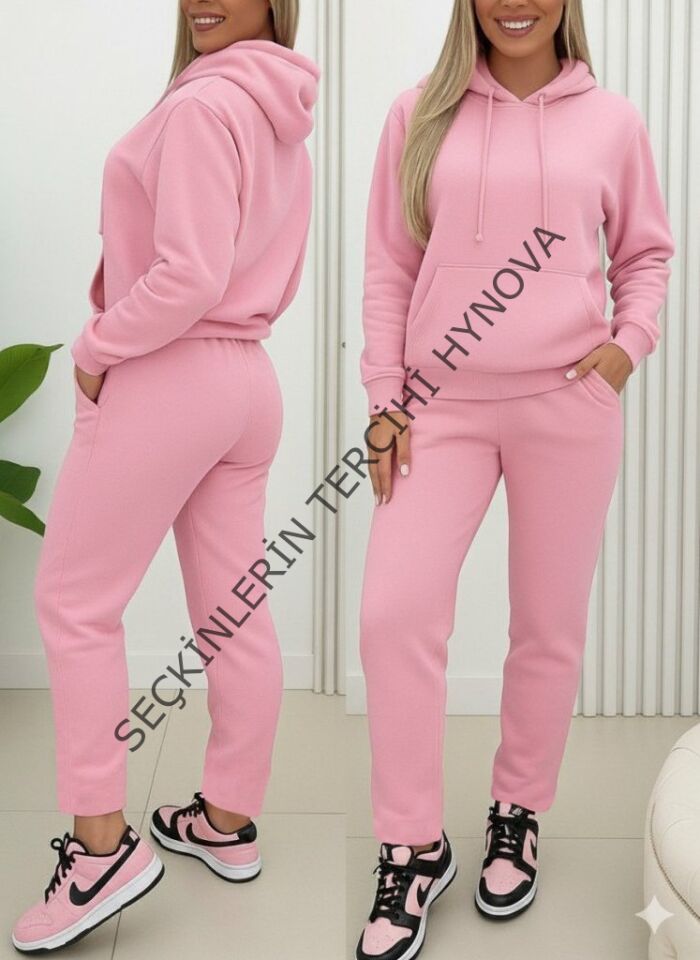 Kadın Uzun Kollu Kapşonlu Bağcıklı üç Iplik Bluz Ve Pantolon Ikili Takım