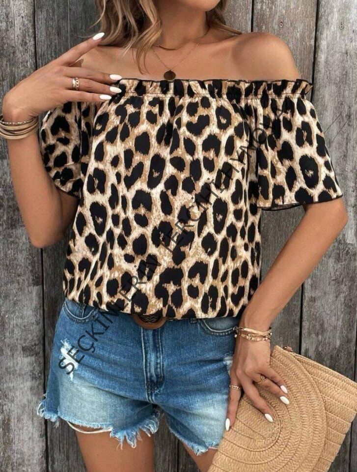 Kadın Madonna Yaka Fırfırlı Leopar Desenli Mikro Kumaş Bluz