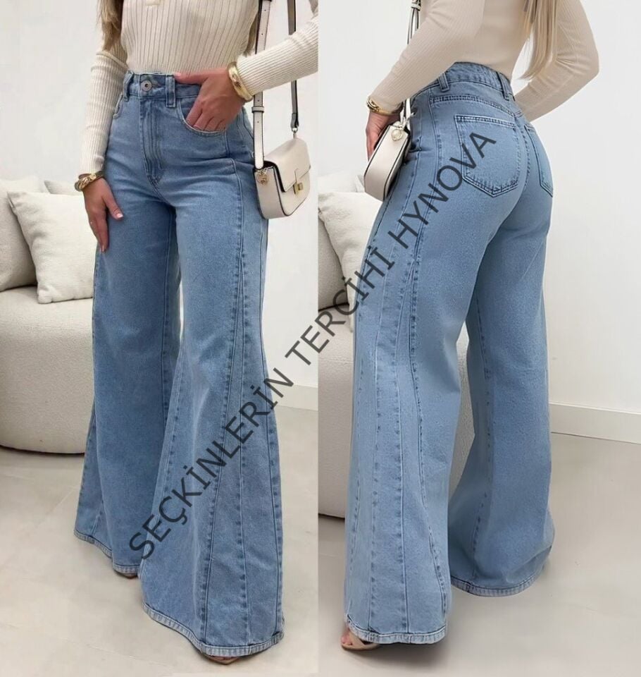 Kadın Yüksek Bel Paçaya Doğru Geniş Kesimli Kot Pantolon