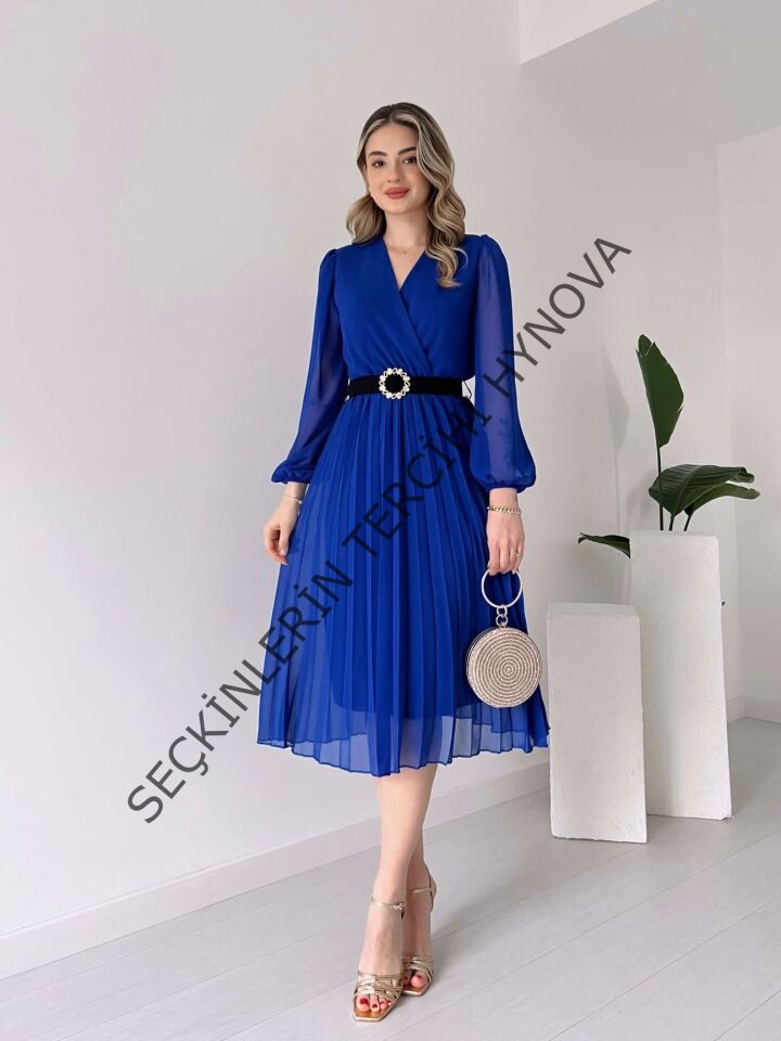 Kadın şifon Kumaş Astalı Kloş Kesim Kruvaze Yaka Midi Boy Elbise