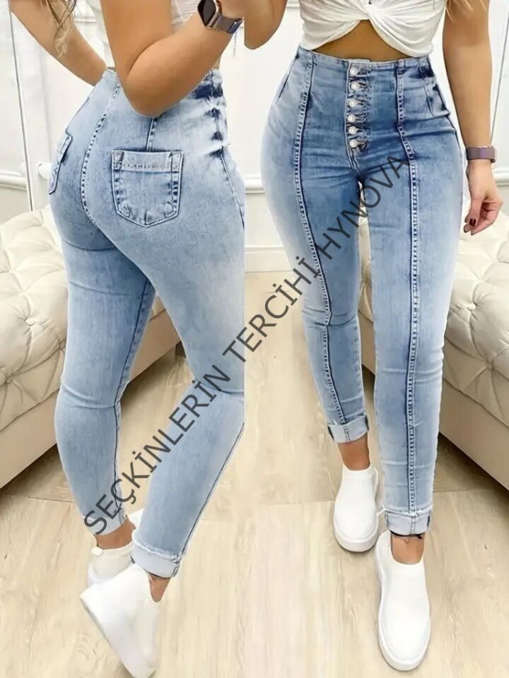 Kadın Yüksek Bel önden Düğmeli Jean Pantolon