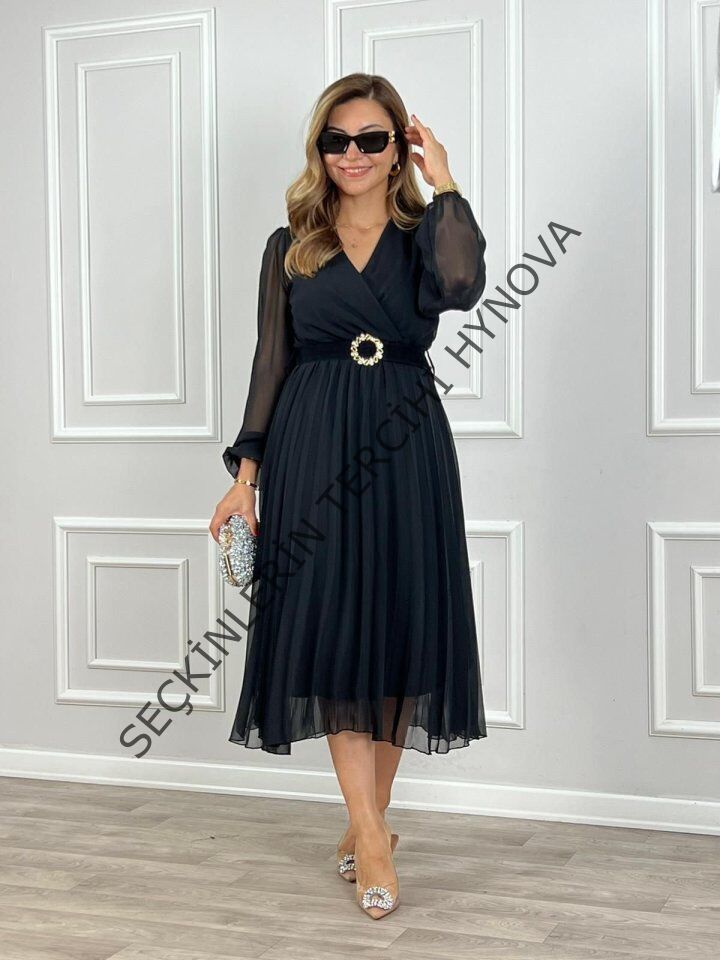 Kadın şifon Kumaş Astalı Kloş Kesim Kruvaze Yaka Midi Boy Elbise