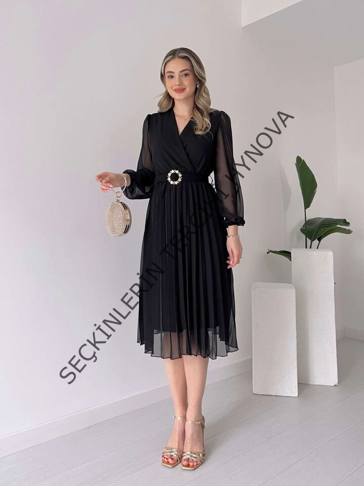 Kadın şifon Kumaş Astalı Kloş Kesim Kruvaze Yaka Midi Boy Elbise