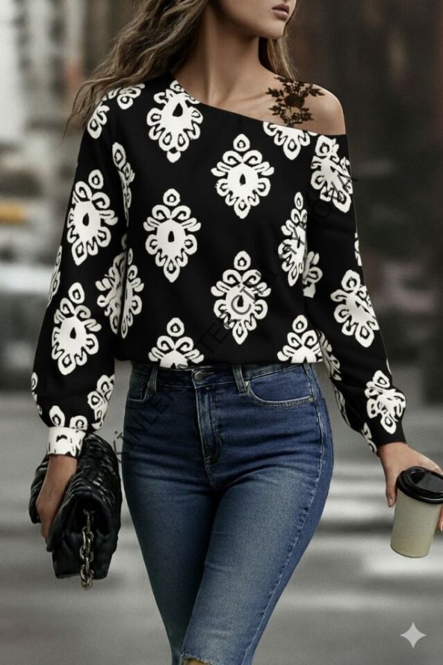 Kadın Askılı Uzun Kollu Omuzlardan Açık Desenli Mosskrep Bluz