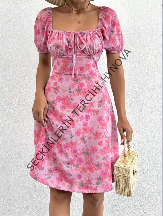 Kadın Kısa Kollu Mini çiçek Baskılı Bağcık Detay Süprem Midi Boy Elbise