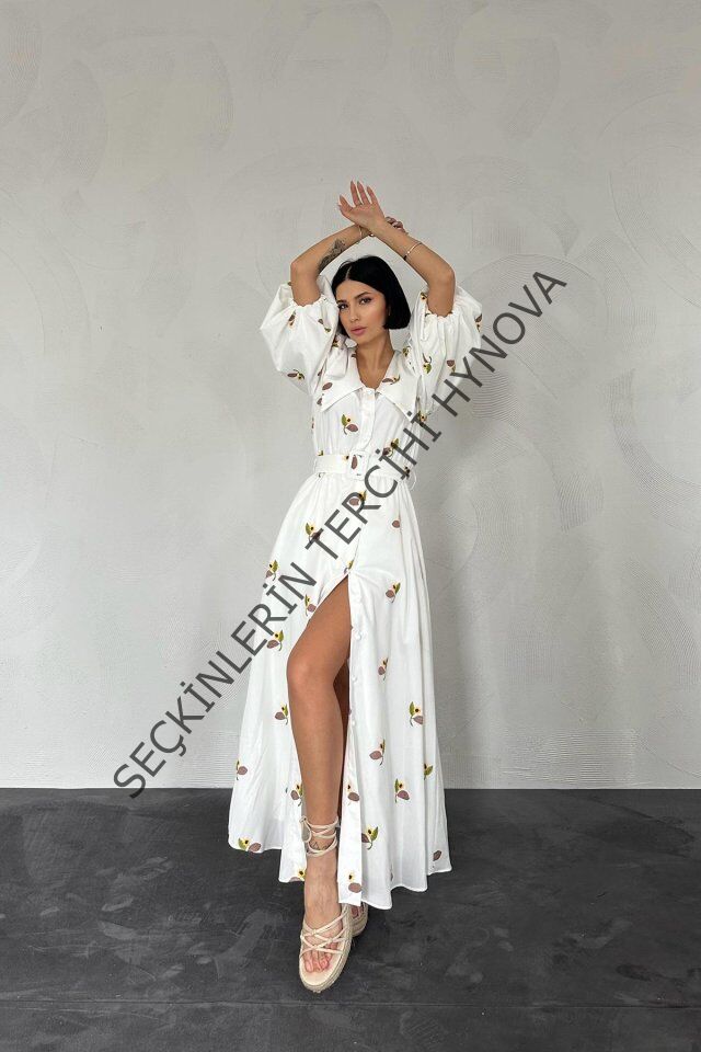 Kahverengi Yakası Çiçek Motifli Kemerli Elbise