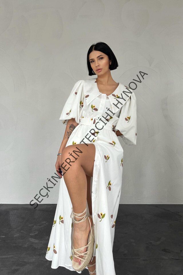 Kahverengi Yakası Çiçek Motifli Kemerli Elbise