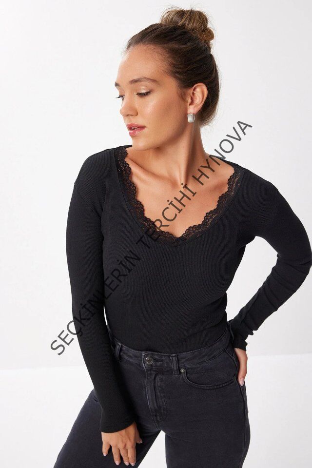 Kadın Dantel Detay V Yaka Kaskorse Kumaş Bluz