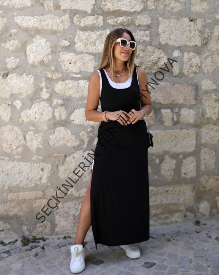 Kadın Yırtmaç Detaylı Viskon Kumaş Maxi Boy Cepli Iç Dahil Ikili Elbise